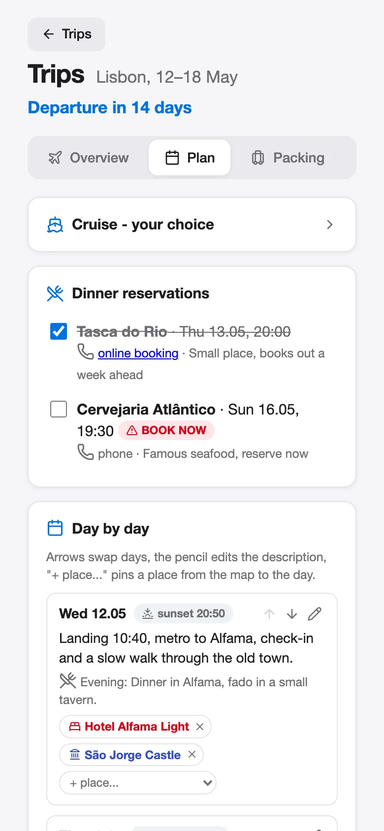 Trips day plan on a phone