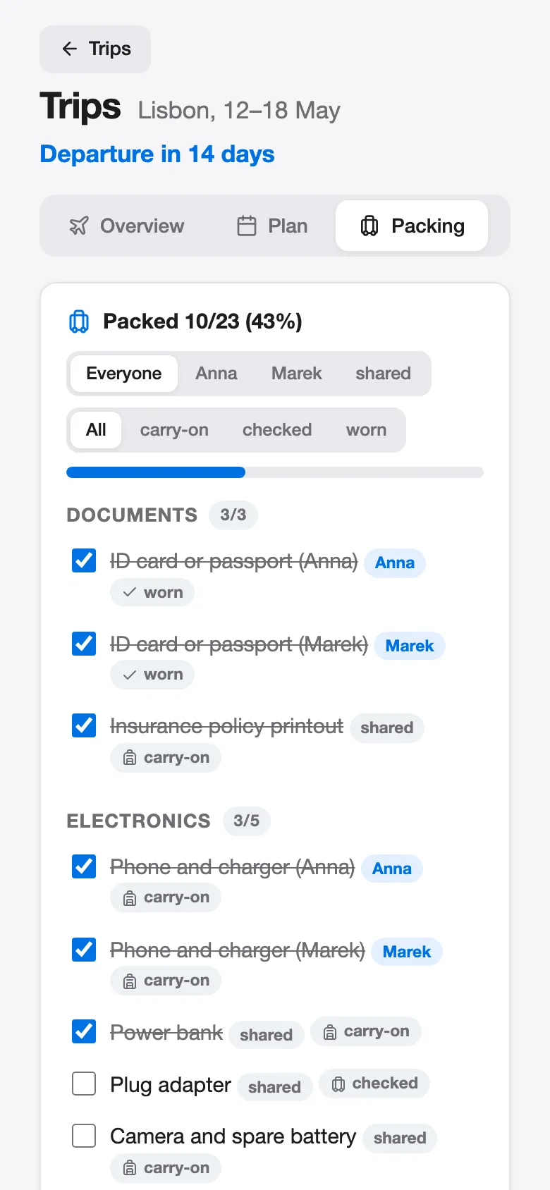 Trips packing list on a phone